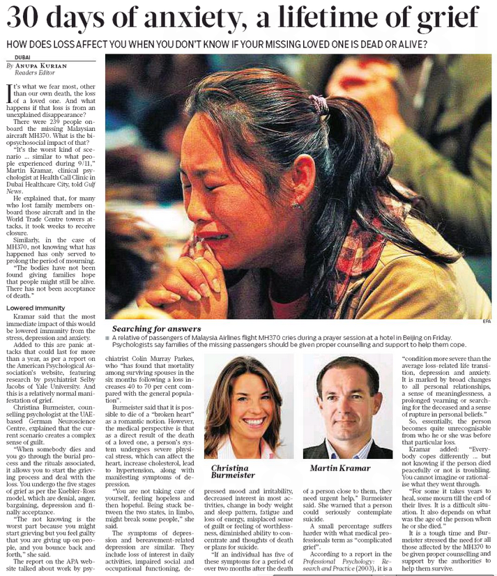 Gulf News: Interview with Dubai Psychologist Christina about Flight MH370 and the impact of loss